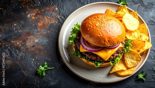A gourmet cheeseburger on a plate, served with crispy potato chips, on a dark background.