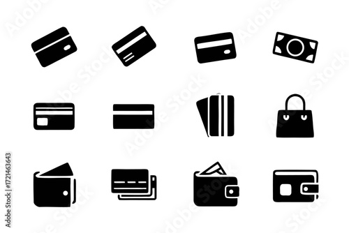 A collection of black and white icons representing various payment methods, including credit cards, cash, wallets, and a shopping bag