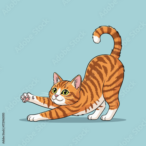 Cute cartoon ginger tabby cat stretching playfully on a blue background. Adorable happy kitten vector illustration