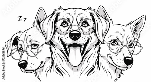Three-headed dog wearing glasses, one head sleeping, symbolizing wisdom and vigilance.