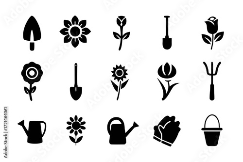 Collection of gardening icons featuring a variety of tools and flowers for planting, watering, and maintaining a garden