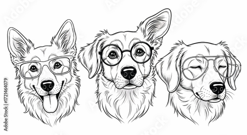 Three charming dogs wearing eyeglasses, showcasing diverse personalities with a friendly and intelligent look.