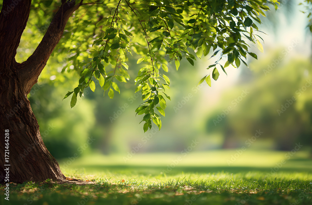 Fototapeta premium beautiful green tree with bright leaves stands in park under sunlight, close up view of the trunk with bokeh in background, spring summer landscape offering natural design space with fresh scenery