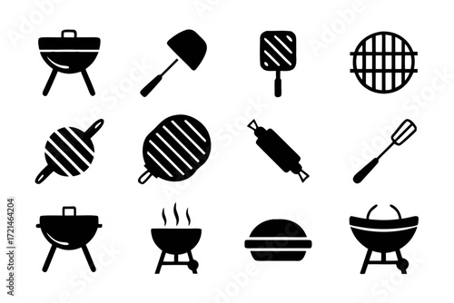 Collection of black barbecue icons includes grill, spatula, and other bbq equipment icons in format for summer cookouts