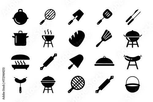 Collection of black cooking icons includes pot, pan, grill, spatula, and other kitchen utensil icons in format for culinary themes