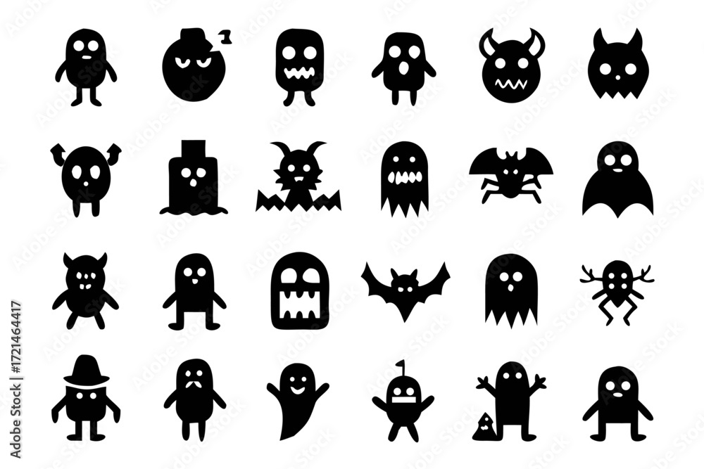 Fototapeta premium Collection of halloween silhouettes featuring ghosts, bats, spiders, and other spooky elements for festive designs