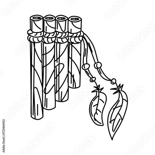Samponyo flute, a wooden musical instrument decorated with feathers and threads. symbol of Native Americans in Doodle. Performing rituals and ceremonies. Engraving, graphics, shading. American Indians