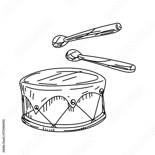 Round drum with sticks, a Native American musical instrument in the style of doodle. Animal skin stretched over a circle. Shamanic rituals. Handmade item. Black and white scribble. American Indians