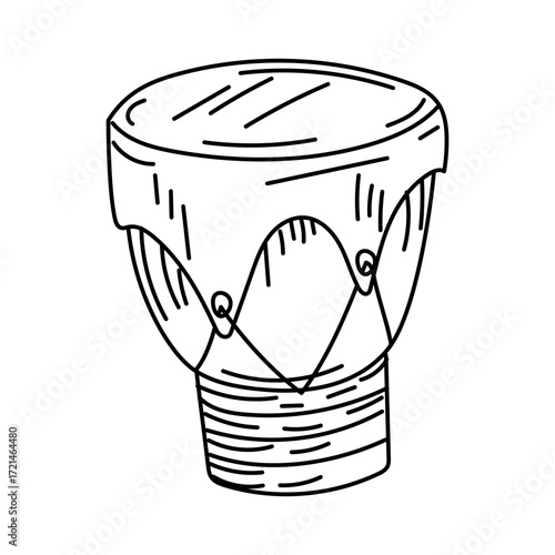 An elongated hand drum, Native American musical instrument in the style doodle. animal skin is stretched with ropes. Shamanic rituals. handmade product. Black and white scribble. American Indians