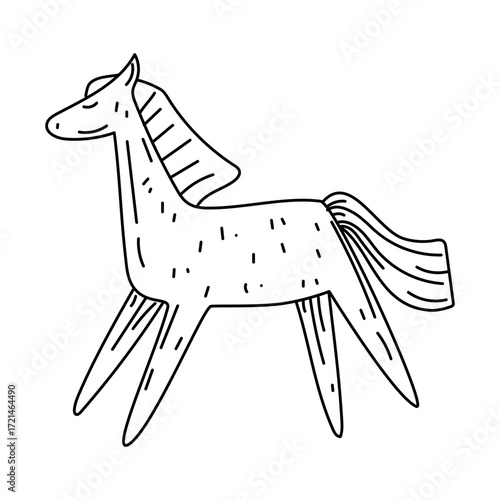 Graphical image of a running horse in doodle style. Historical images of wild animals during hunting. Linear image with a black marker on white. Engraving, graphics, and shading. American Indians