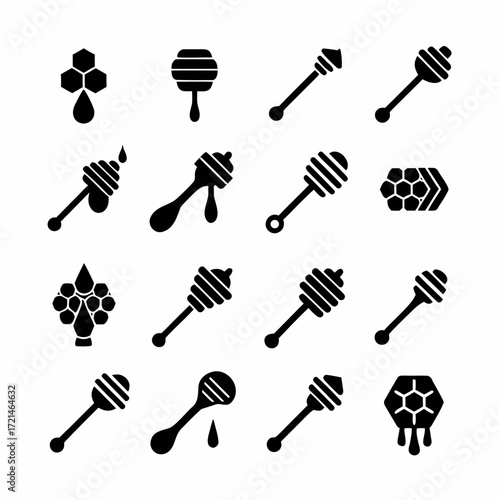 Set of honey dipper icons, representing various designs and shapes of dippers used for serving and drizzling honey