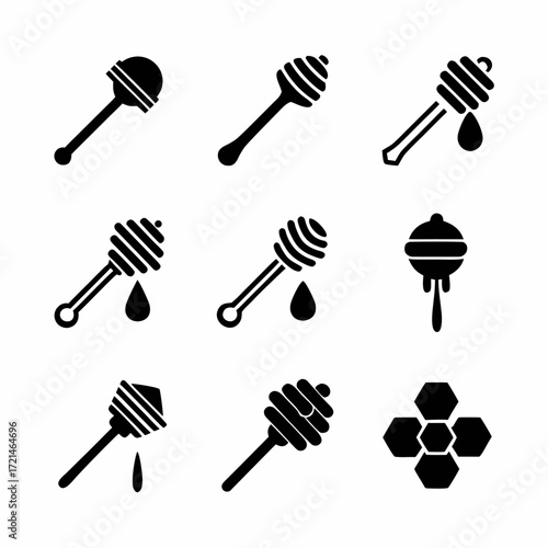 Collection of honey dipper icons, showcasing various designs and styles for serving and drizzling honey with elegance