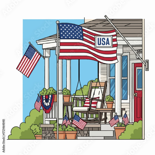 Festive front porch of a traditional American house decorated with flags for a summer celebration of patriotism and national pride