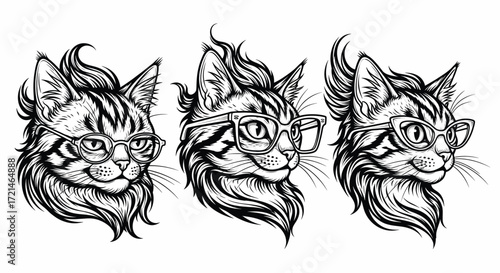 Three stylish cats with glasses and trendy hairstyles, showcasing unique personalities and a touch of hipster flair.