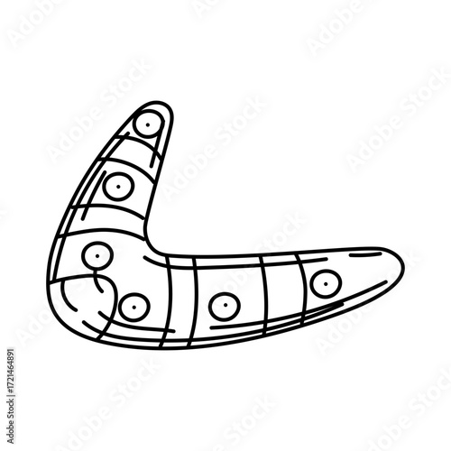 Boomerang, a Native American weapon in the style of doodle. A wooden rounded hunting object with engraved Native American symbols. Handmade item. Engraving, graphics, shading. American Indians