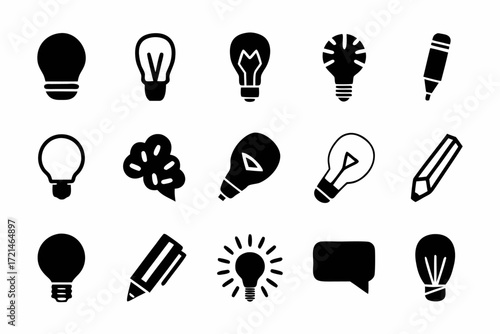 Collection of various idea and writing related icons, offering a diverse range of visual elements for presentation