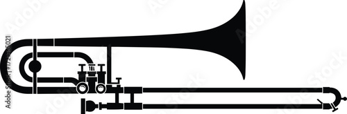 Trombone vector illustration, brass musical instrument silhouette, black jazz band design, orchestra wind instrument, music performance symbol, classical brass artwork