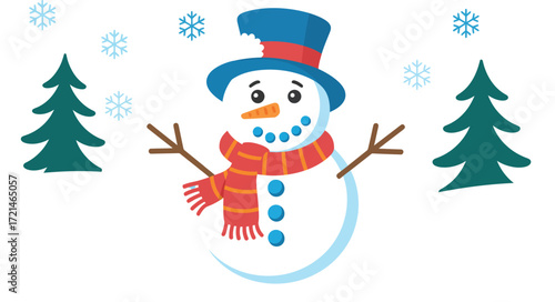 Joyful snowman with carrot nose and scarf, surrounded by festive snowflakes and evergreen trees on a white background.
