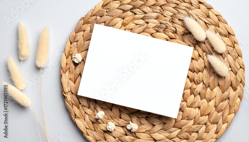 Blank card on woven placemat surrounded by pampas grass, ideal for invitations, rustic stationery, or seasonal greetings with a natural style.