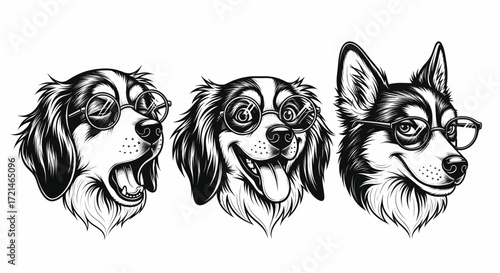 Three charming dogs wearing glasses, depicted in a stylish black and white illustration.