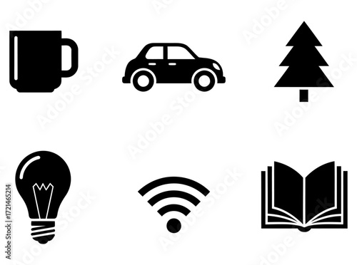 A versatile set of bold black minimalist icons representing daily life, technology, and knowledge.
