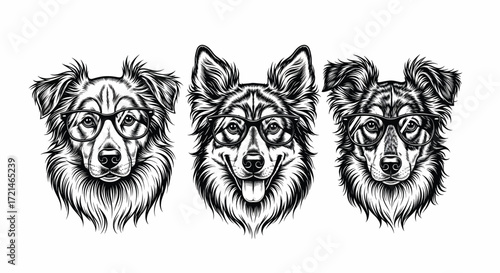 Three artistic dog portraits with glasses, showcasing different expressions and breeds.