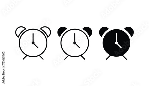 Alarm Clock Icon Set — Outline, Filled, and Silhouette Vector Design