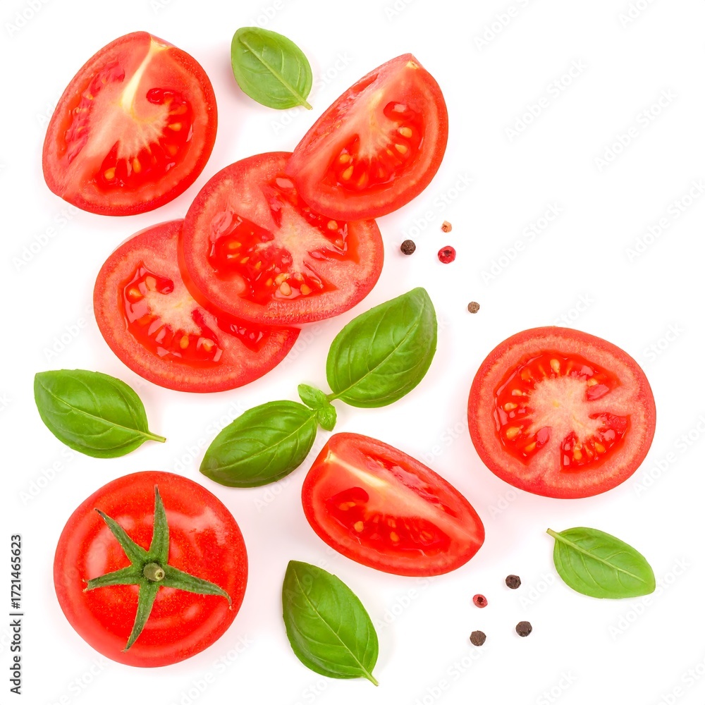 Naklejka premium Sliced tomatoes with basil and pepper