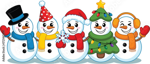 Five cheerful snowmen friends celebrating the winter holidays together