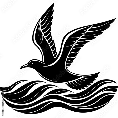 Elegant stylized seagull soaring over ocean waves in graceful flight design