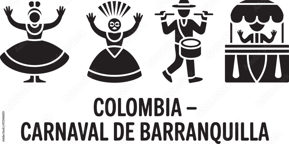 Fototapeta premium Colombia Carnaval de Barranquilla Silhouette, Traditional Dance Performance Vector