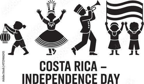 Costa Rica Independence Day Celebration Vector Graphic Figures Flag Trumpet Illustration
