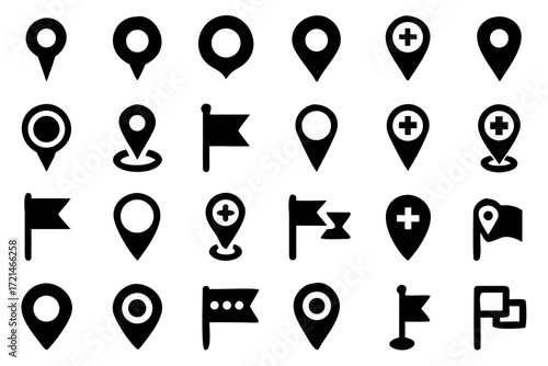 Collection of location pin icons, providing a versatile set of map markers and navigation symbols for design and creative projects