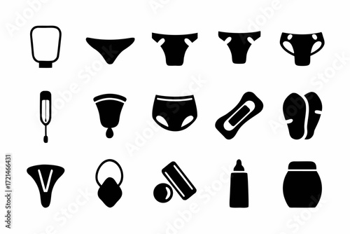 Collection of fifteen feminine hygiene products, featuring menstrual cup, pad, tampon, and underwear icons