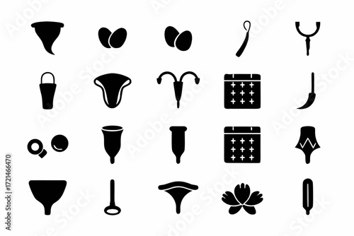 Feminine hygiene icon set menstrual cup, tampon, pad, calendar, uterus, egg, flower, funnel, applicator, and other period related icons
