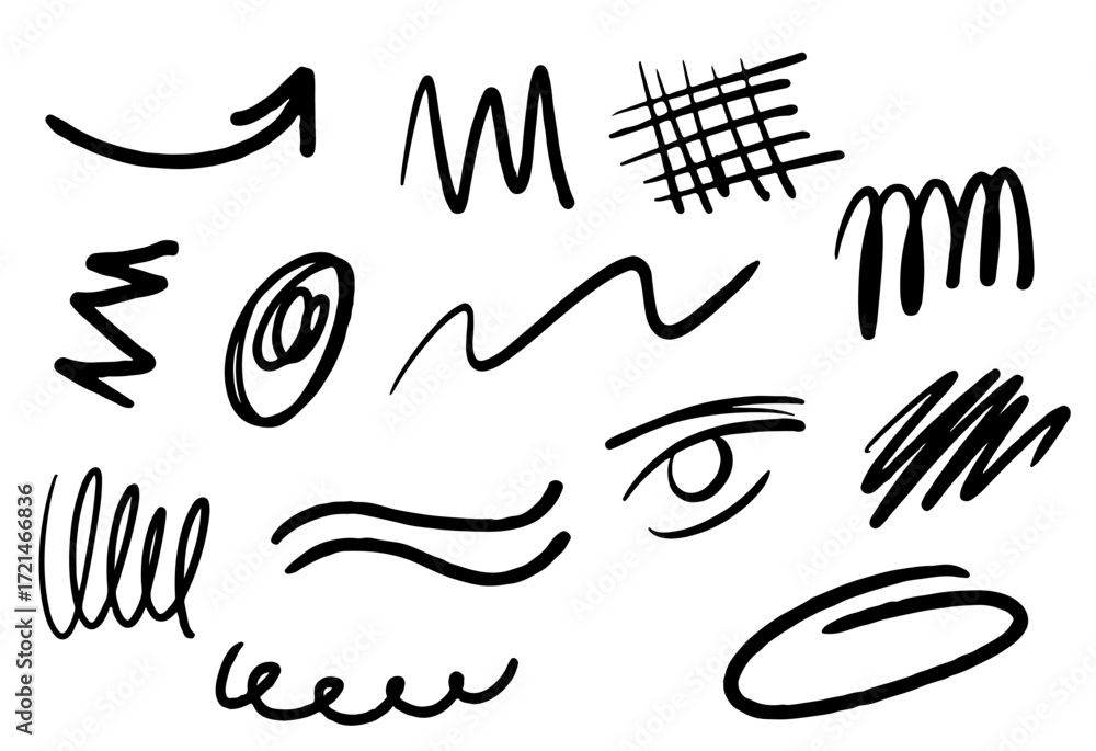 Fototapeta premium A collection of black chalk lines and charcoal highlight strokes in various shapes and patterns. Includes arrows, waves, and grid designs