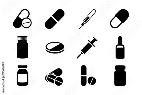 Collection of medication icons includes pills, capsules, syringes, and bottles, representing various pharmaceutical treatments