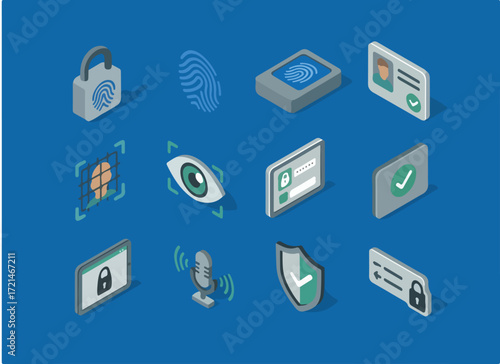 isometric icon items isolated on white background fingerprint lock print detail reader pad biometric grid id check access