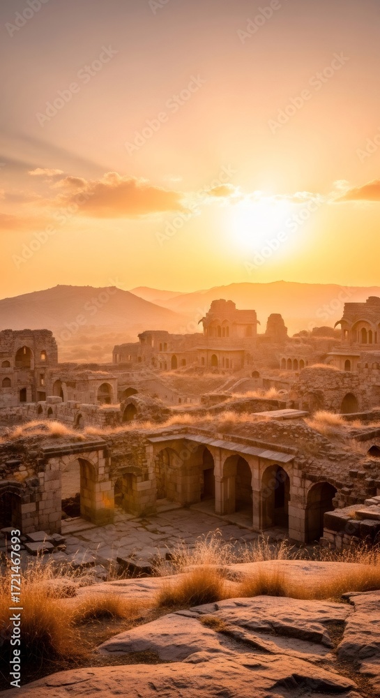 Fototapeta premium Ancient city ruins at sunset. Historical architecture with stone arches. Archaeology and travel historical tourism.