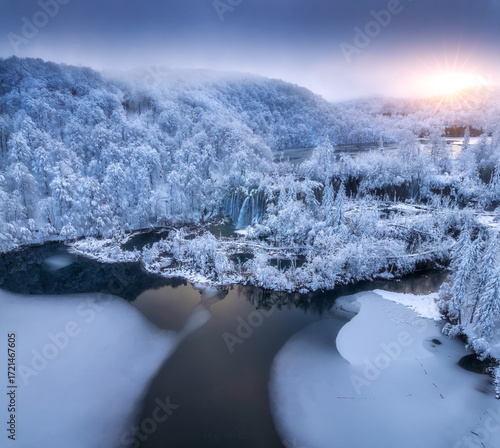 Aerial drone view of frozen...