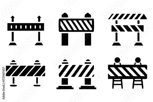 Set of road barrier icons, symbolizing construction, safety, and traffic control, ideal for transportation and infrastructure projects