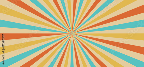 Sunburst groovy background in 70s colors, circus marquee pattern, vintage carnaval bg, red circle rays on beige. Abstract marquee strip beam for poster, flyer, summer holidays, vector illustration.