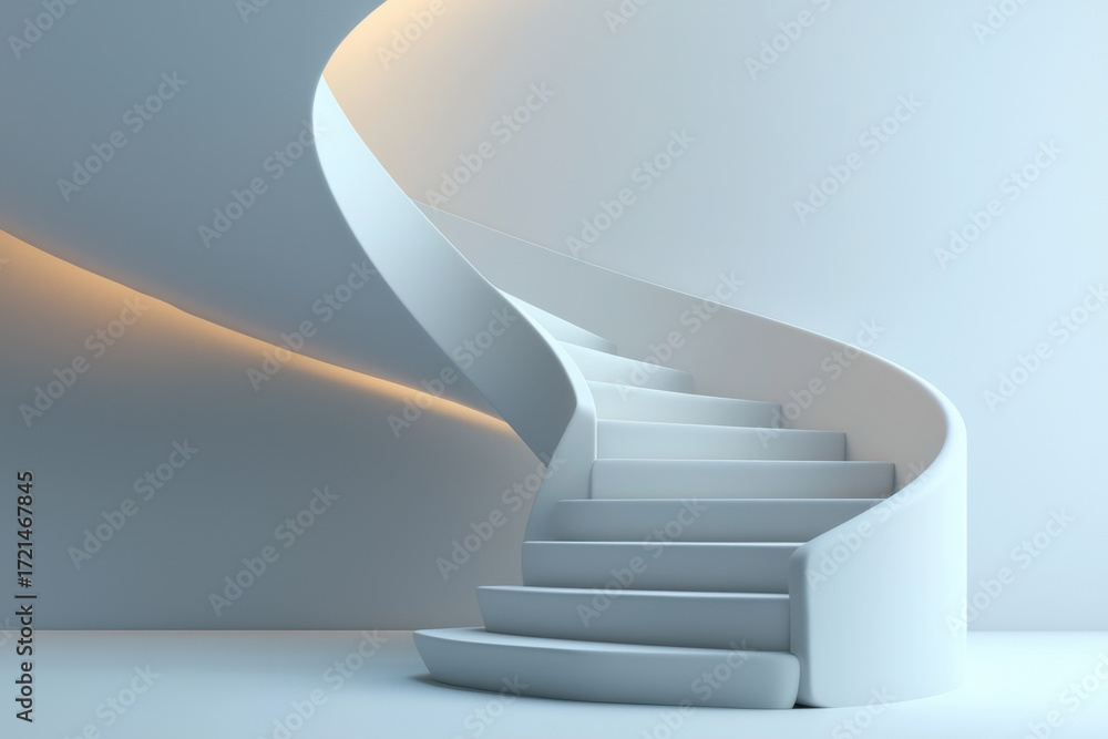 Obraz premium Modern spiral staircase with smooth white surface and soft lighting creating calm and elegant atmosphere in minimalist interior space