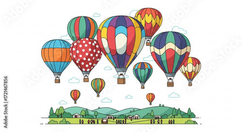 Colorful hot air balloons floating over a green landscape a whimsical and vibrant illustration of adventure and travel