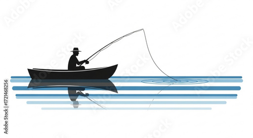Silhouette of a fisherman in a boat casting a line, the calm water reflects the boat and the fishermans form