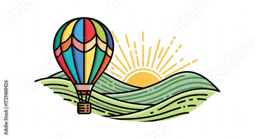 A colorful hot air balloon flying over rolling hills with a rising sun, symbolizing adventure and freedom