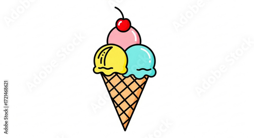 A delightful ice cream cone featuring three scoops of different flavors, topped with a cherry