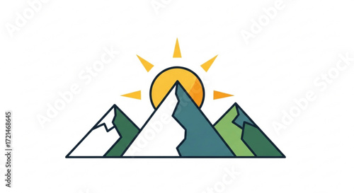 A scenic mountain range with a radiant sun rising behind its peaks, creating a picturesque landscape