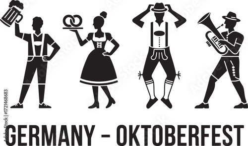 Oktoberfest German Beer Festival Silhouettes. Germany Holiday Symbols. Celebration Icons. Traditional Fun