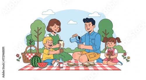 A delightful cartoon illustration of a family enjoying a picnic in a park, , capturing a moment of togetherness and joy